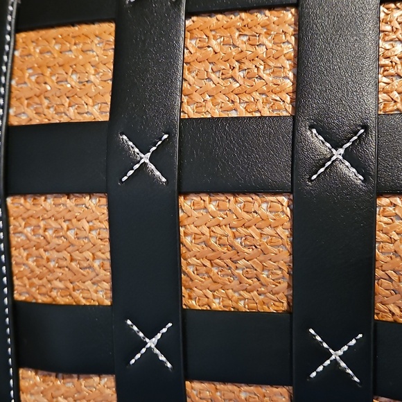 Black Leather & Wicker Handbag, Bucket Bag, Tote, Crossbody Strap, NWOT - Picture 2 of 11